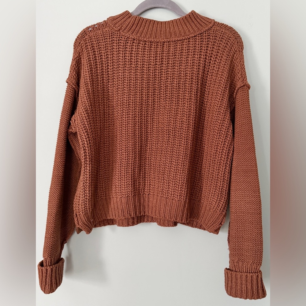 Free People Bell Song Crewneck Chunky Knit Sweater Brown Cotton Blend Medium - Picture 7 of 8